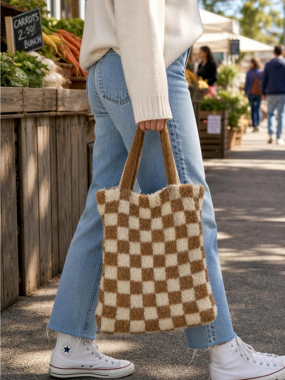 Free People Cozy Checkered Knit Tote Bag | Soft Fuzzy Neutral Bookbag Market - Picture 2 of 11